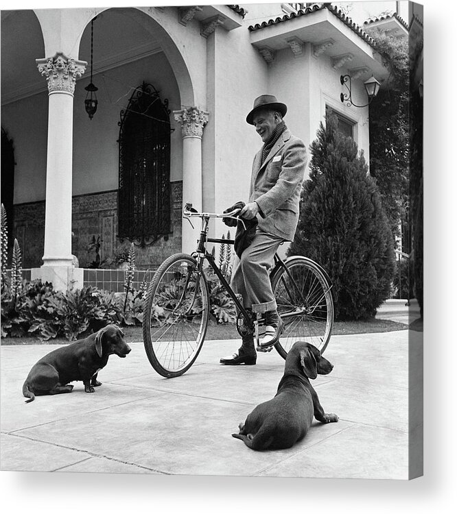 Exterior Acrylic Print featuring the photograph Waldemar Schroder On A Bicycle With Two Dogs by Luis Lemus