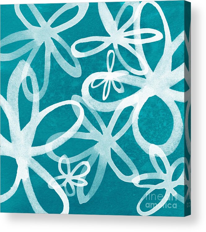 Large Abstract Floral Painting Acrylic Print featuring the painting Waterflowers- teal and white by Linda Woods