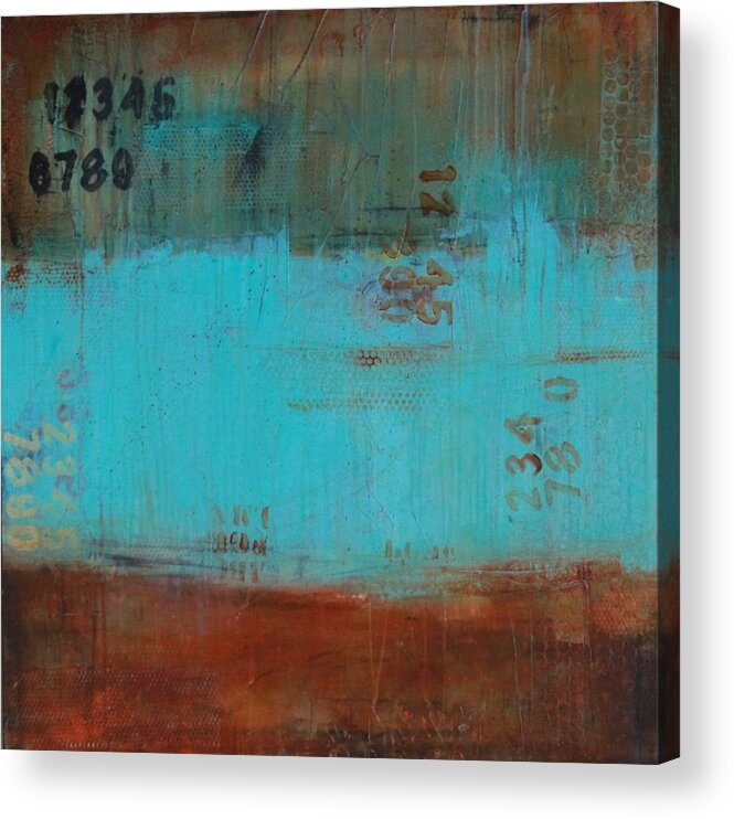 Mixed Media On Canvas Textured Acrylic Contemporary Painting In Blues And Rust Acrylic Print featuring the painting Weathered #3 by Lauren Petit