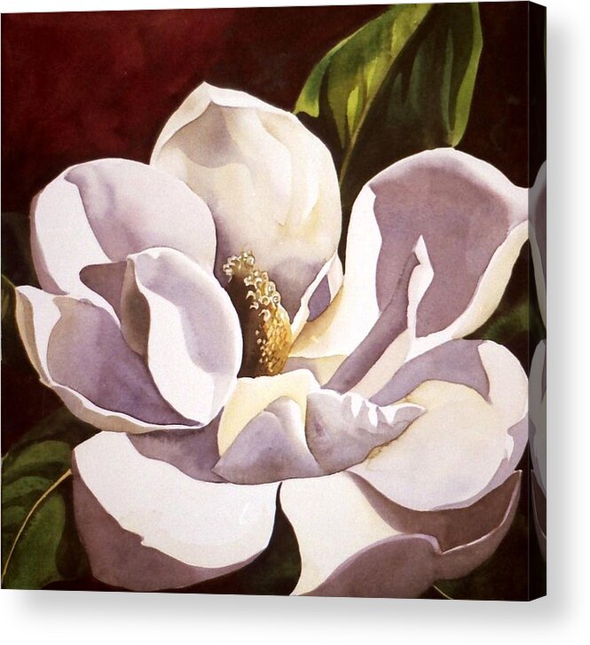 Watercolor Acrylic Print featuring the painting White magnolia with red by Alfred Ng