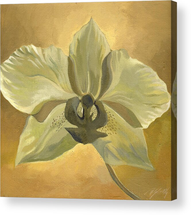 Orchid Acrylic Print featuring the painting White Orchid With Ochre by Alfred Ng