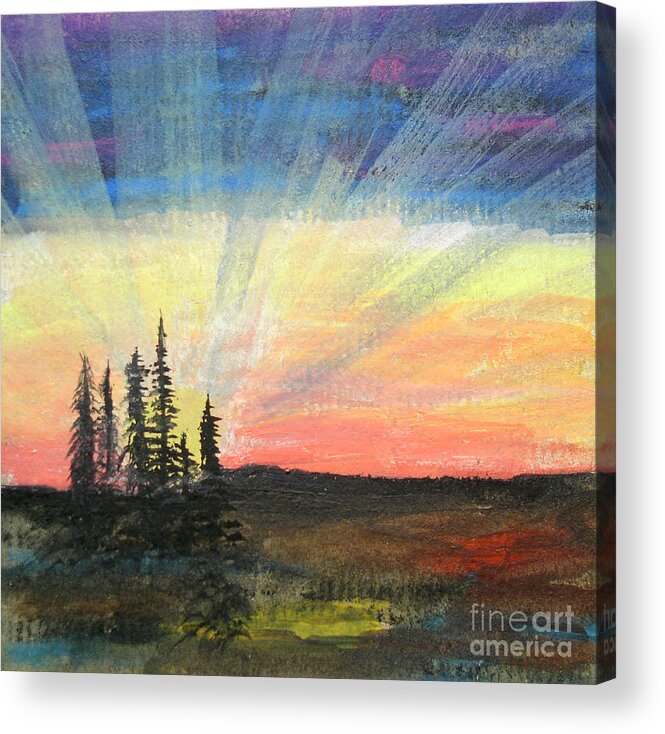 Art Artwork Painting Oil Pastel Kyllo Dawn Sunrise Sunray Sunburst Sunbeam Pink Blue Orange Red Rays Ray Clouds Cloud Morning Early Bright Cheerful Upbeat New Beginning Day Daylight Bush Bushes Pine Tree Trees Fir North Northern Arctic Cold Inspire Inspirational Mood Positive Energy Start Renew Calm Calming Peaceful Peace Quiet Acrylic Print featuring the painting Wilderness Dawn by R Kyllo
