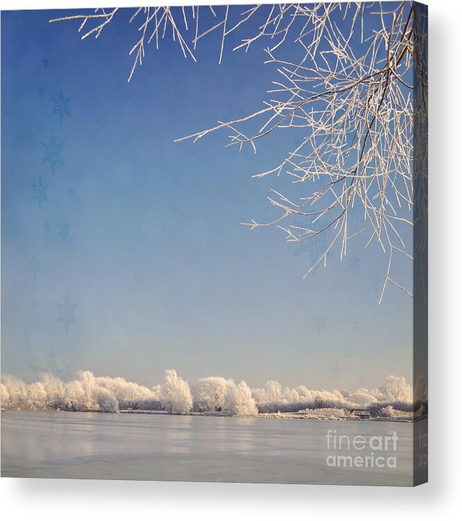 Blue Sky Acrylic Print featuring the photograph Winter wonderland with snowflakes decoration. by Lyn Randle