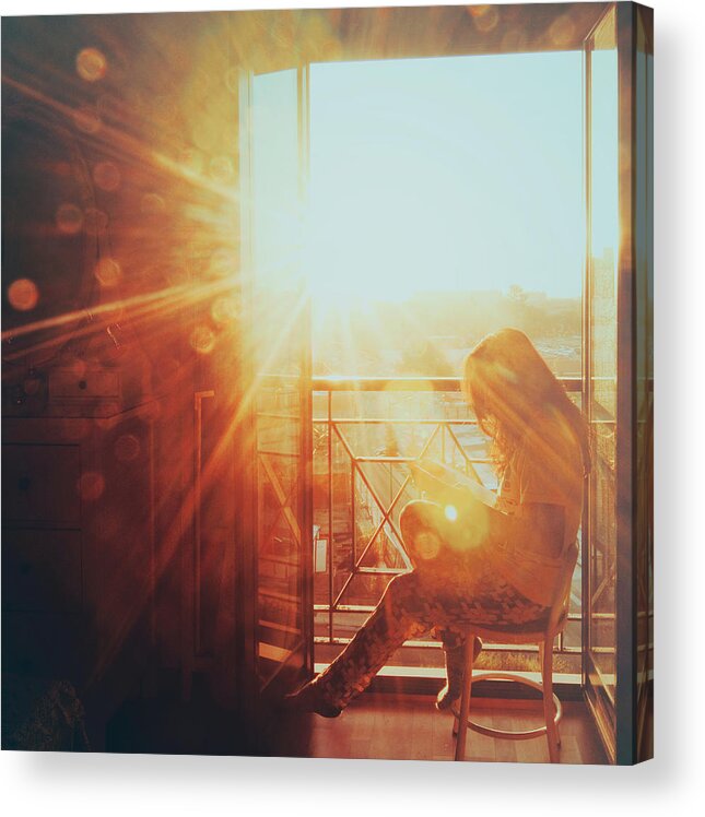 Education Acrylic Print featuring the photograph Woman reading in the morning sun by Julia Davila-Lampe