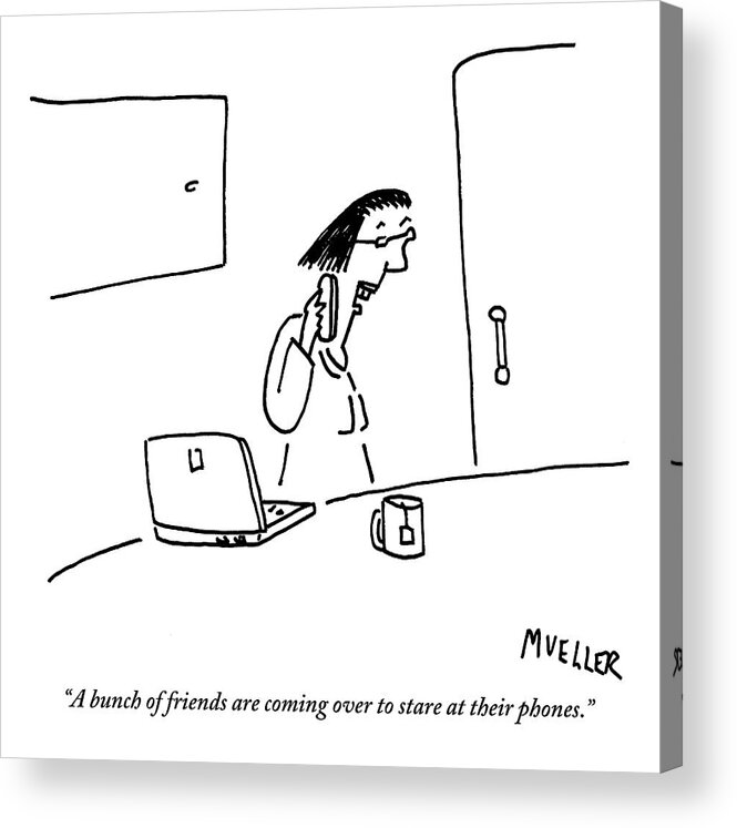 Telephones- Cell Acrylic Print featuring the drawing Woman Speaks Into Her Cellphone by Peter Mueller