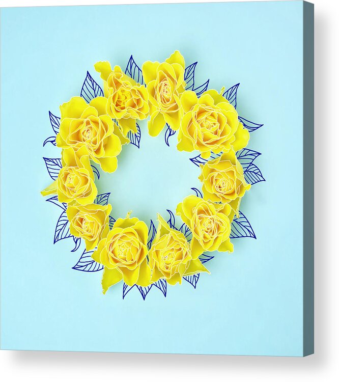 Sparse Acrylic Print featuring the photograph Yellow Roses In A Circle With Drawings by Juj Winn