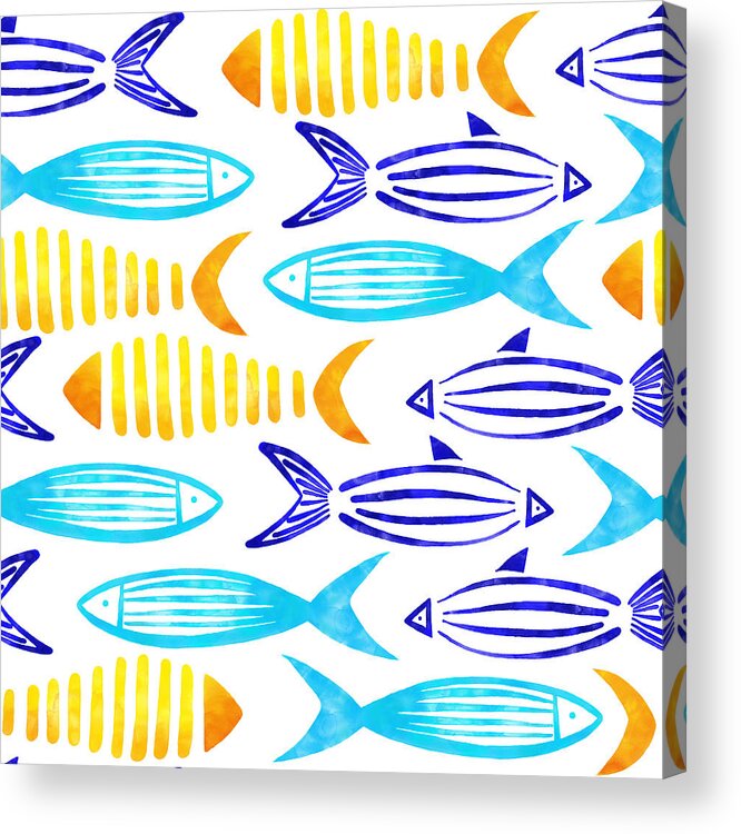 Underwater Acrylic Print featuring the drawing Yellow, Turquoise, Blue and Green Watercolor Fishes Seamless Pattern with White Background. by Gokcemim