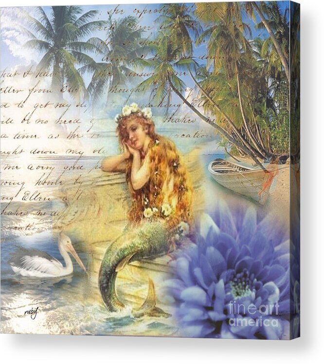 Art;vintage;mermaid;flower;palm Trees;pelican;beach;boat;ocean;digital Collage;unique;one Of A Kind Acrylic Print featuring the digital art Little Mermaid #1 by Ruby Cross