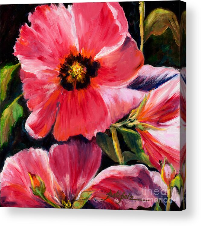 Beautiful Hot Pink Flowers Prints Acrylic Print featuring the painting Pink Hollyhocks #1 by Pati Pelz