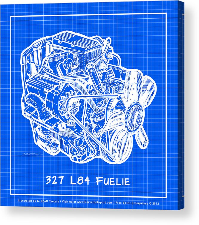 1963 Corvette Acrylic Print featuring the drawing 1963 - 1965 L84 327 Corvette Fuelie Engine Reverse Blueprint by K Scott Teeters