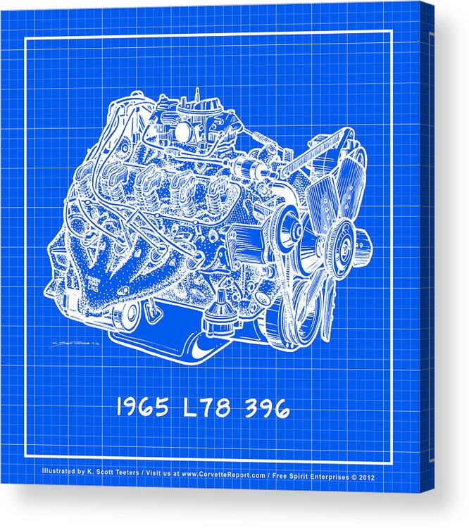 396 Big-block Corvette Acrylic Print featuring the drawing 1965 L78 396 Big-Block Corvette Engine Reverse Blueprint by K Scott Teeters