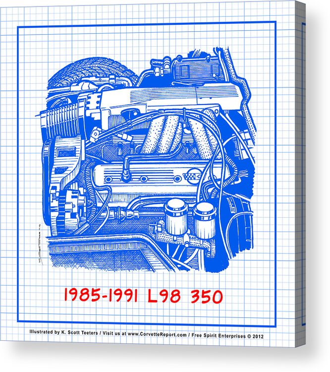 C4 Corvette Acrylic Print featuring the drawing 1985 - 1991 L98 Fuel-Injected Corvette Engine Blueprint by K Scott Teeters
