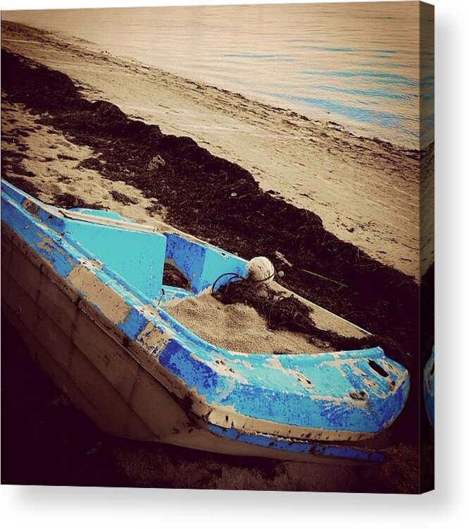Blue Acrylic Print featuring the photograph #boat #beach #sand #buried #miami by Joel Lopez