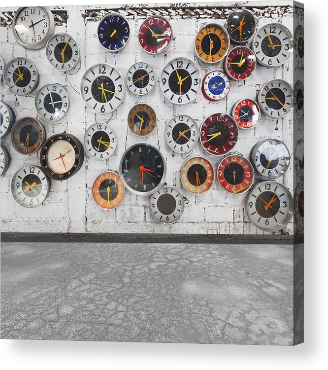 Aged Acrylic Print featuring the photograph Clocks On The Wall by Setsiri Silapasuwanchai