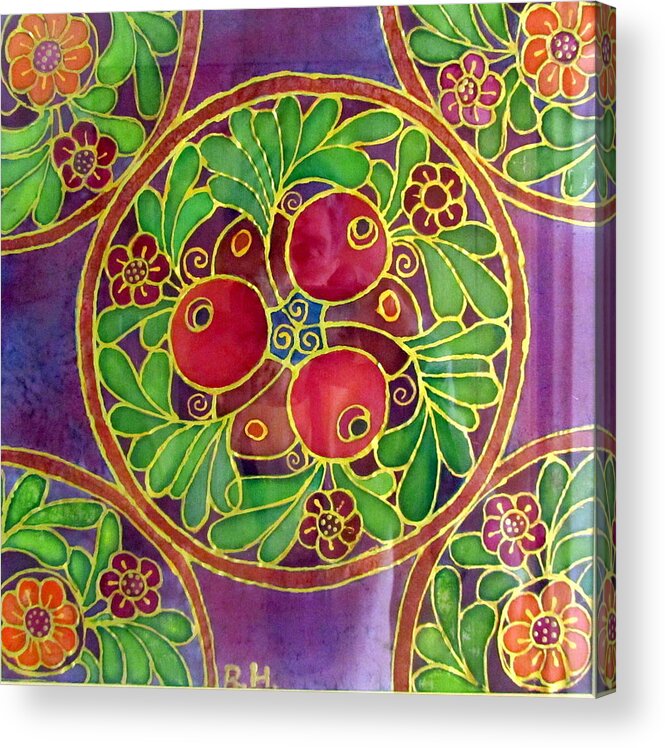 Festive Acrylic Print featuring the painting Festive Pomegranates in gold and vivid colors wall decor in red green purple branch leaves flowers by Rachel Hershkovitz