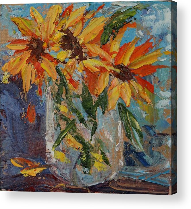 Sunflowers Acrylic Print featuring the painting Mini Sunflowers in a Mason Jar by Carol Berning