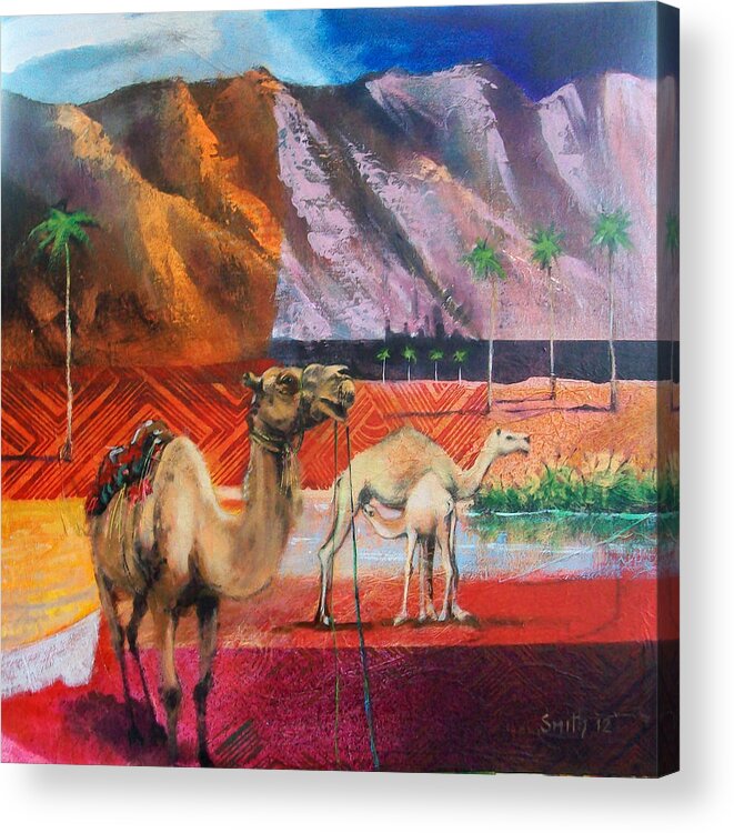 Camels Acrylic Print featuring the painting Oasis wonderwall by Tom Smith