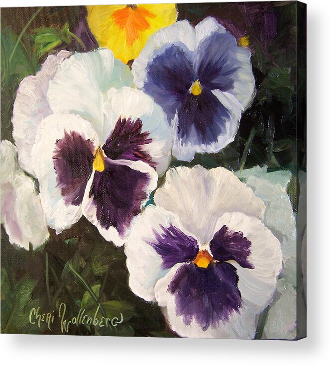 Pansies Acrylic Print featuring the painting Painting of Pansies by Cheri Wollenberg