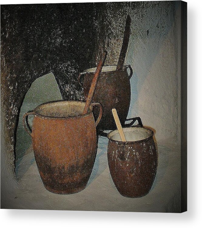 Old Country Kitchen Pots Acrylic Print featuring the photograph Pots by Andrew Drozdowicz