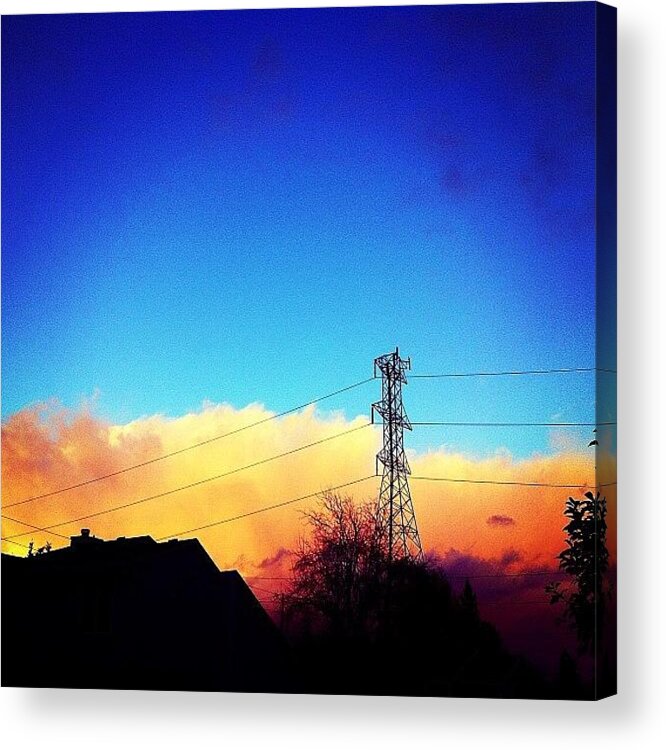 Orangeclouds Acrylic Print featuring the photograph #sunset #powerlines #portland #pdx by Karen Clarke