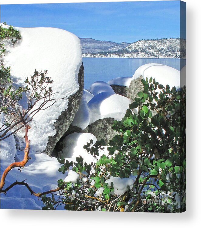 Snow On Rocks Acrylic Print featuring the photograph Tahoe Near and Far by L J Oakes