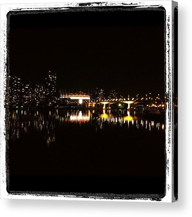 Vancouver Vancouver City Scape Reflection Skyline Night Rogers Place Leg And Boot Square Acrylic Print featuring the photograph Vancouver at Night by Tonino Guzzo