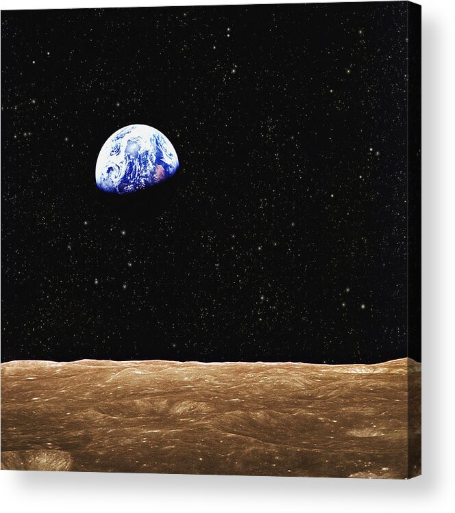 Vertical Acrylic Print featuring the photograph View Of Earth From The Moons Surface by Design Pics