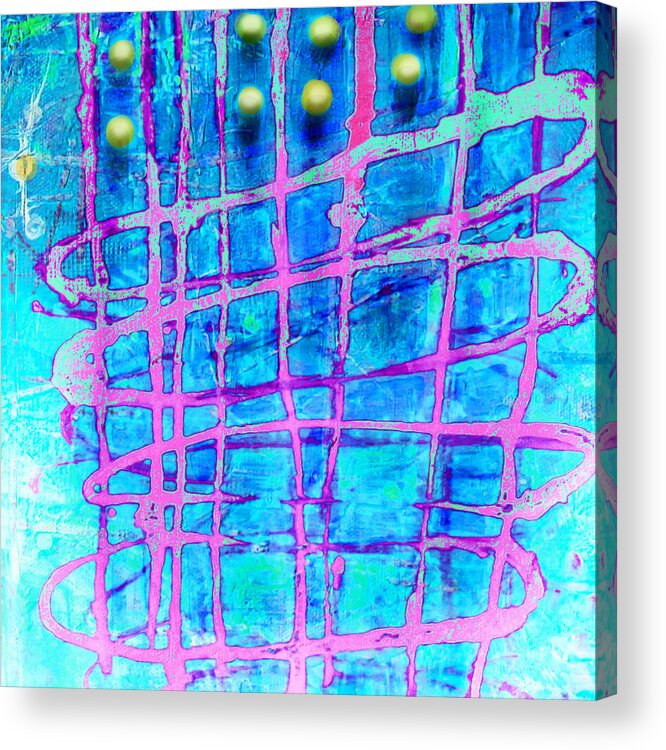 Blue Acrylic Print featuring the painting Yellow Dots by Lolita Bronzini