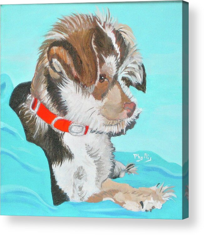 Blue Blanket Acrylic Print featuring the painting Cute Little Puppy by Phyllis Kaltenbach