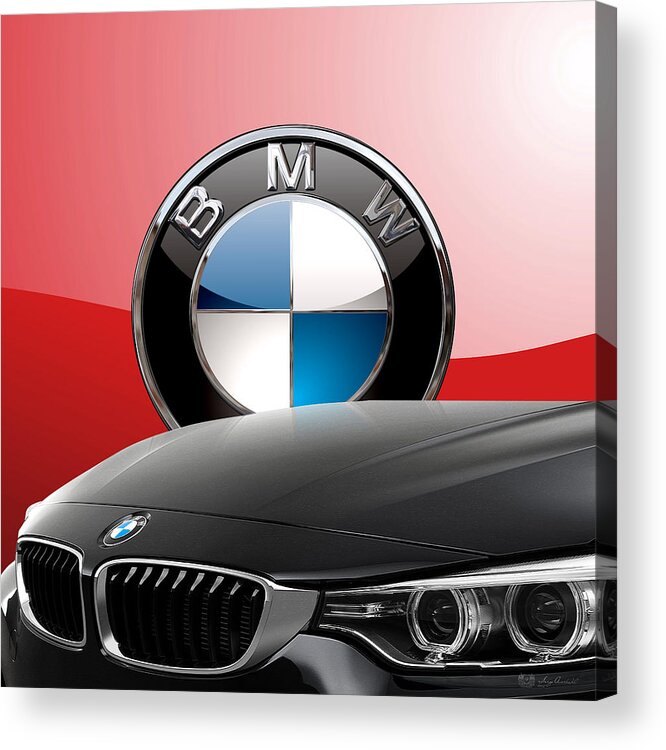 �auto Badges� Collection By Serge Averbukh Acrylic Print featuring the photograph Black B M W - Front Grill Ornament and 3 D Badge on Red by Serge Averbukh