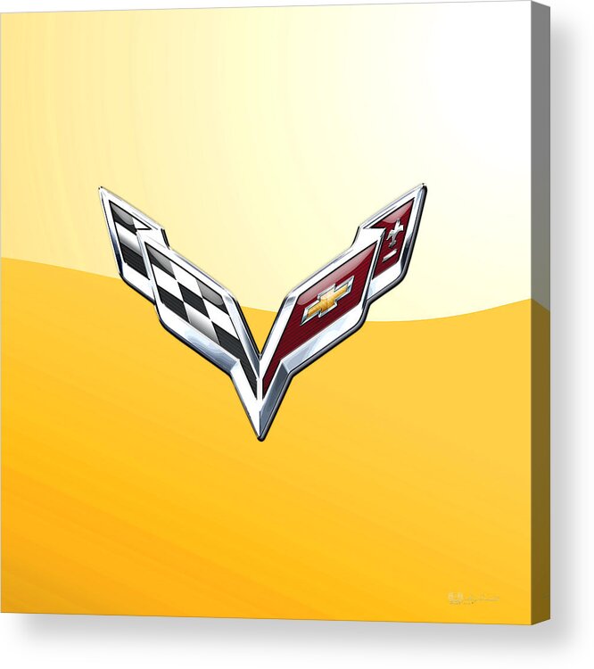 �wheels Of Fortune� Collection By Serge Averbukh Acrylic Print featuring the photograph Chevrolet Corvette 3D Badge on Yellow by Serge Averbukh