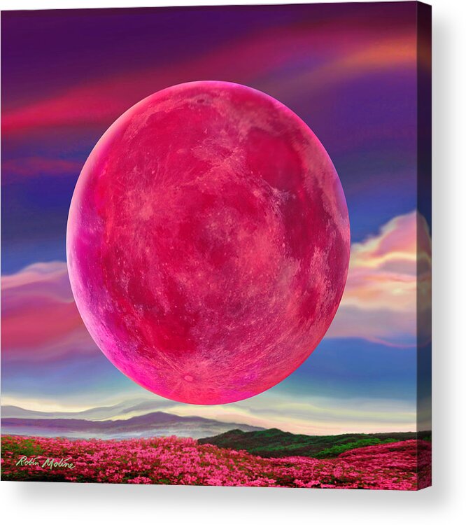 Full Pink Moon Acrylic Print featuring the digital art Full Pink Moon by Robin Moline