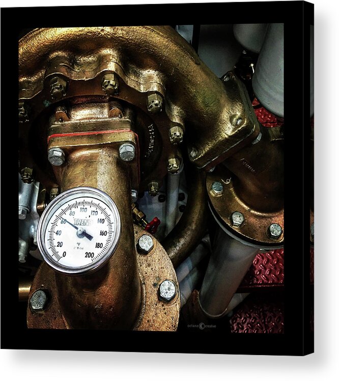 Gauge In The Engine Room Of The Purves Tug Boat At The Door County (wisconsin) Maritime Museum Acrylic Print featuring the photograph Gauge #1 by Tim Nyberg