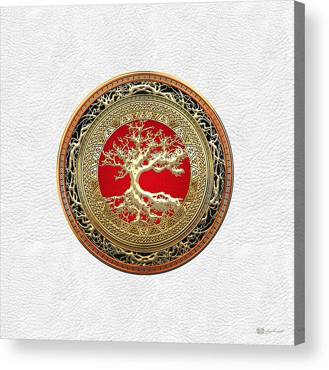 Treasure Trove By By Serge Averbukh Acrylic Print featuring the photograph Gold Celtic Tree of Life on White Leather #1 by Serge Averbukh