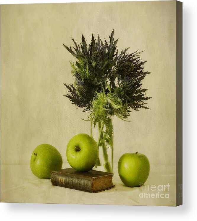 Apples Acrylic Print featuring the photograph Green Apples And Blue Thistles #1 by Priska Wettstein
