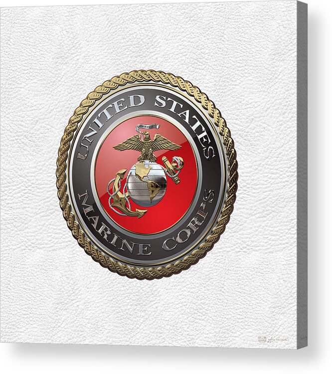 'usmc' Collection By Serge Averbukh Acrylic Print featuring the digital art U. S. Marine Corps - U S M C Emblem over White Leather by Serge Averbukh