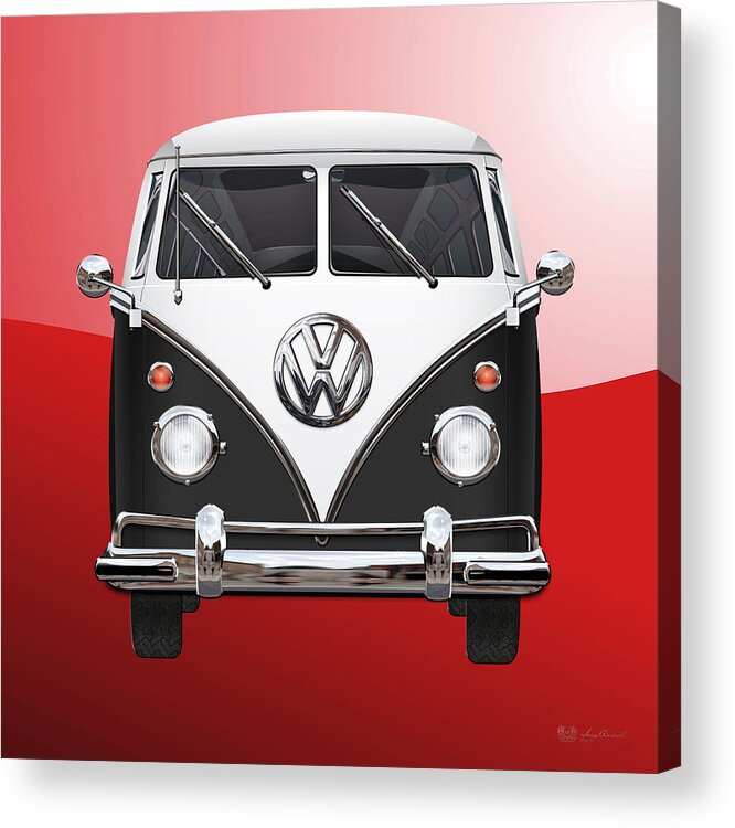 'volkswagen Type 2' Collection By Serge Averbukh Acrylic Print featuring the photograph Volkswagen Type 2 - Black and White Volkswagen T 1 Samba Bus on Red by Serge Averbukh