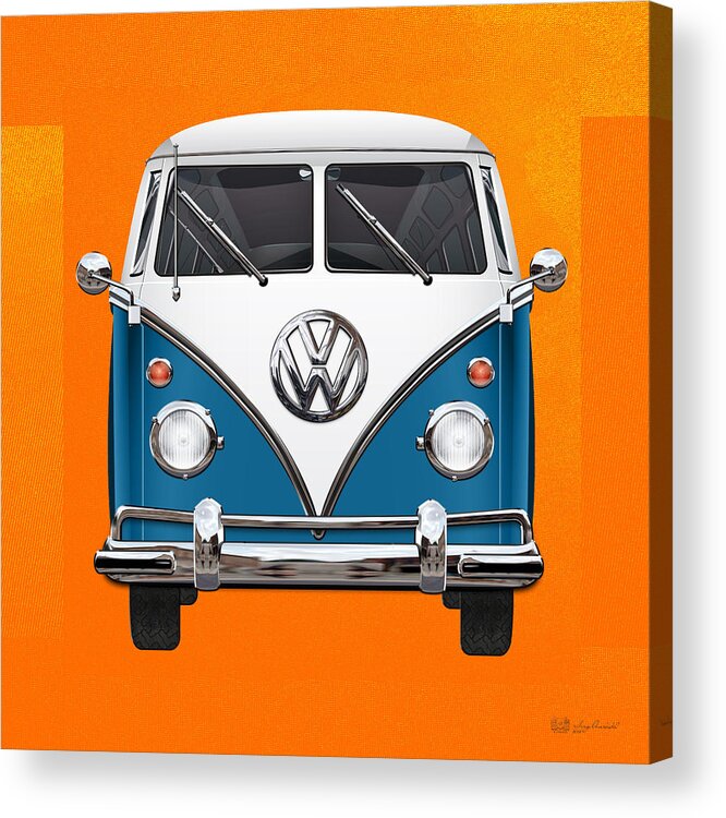 'volkswagen Type 2' Collection By Serge Averbukh Acrylic Print featuring the photograph Volkswagen Type 2 - Blue and White Volkswagen T 1 Samba Bus over Orange Canvas #1 by Serge Averbukh