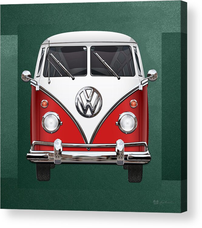 'volkswagen Type 2' Collection By Serge Averbukh Acrylic Print featuring the photograph Volkswagen Type 2 - Red and White Volkswagen T 1 Samba Bus over Green Canvas #1 by Serge Averbukh