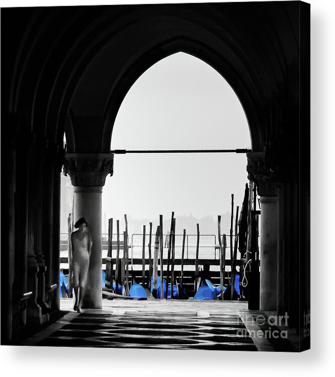 B&w Acrylic Print featuring the photograph Woman At Doges Palace #1 by Doug Sturgess