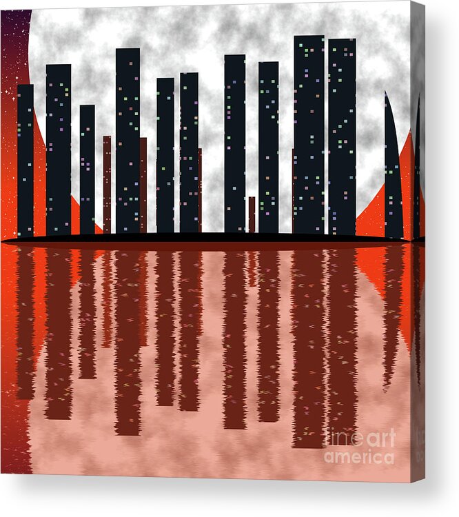 City Acrylic Print featuring the digital art City skyline at full moon by Michal Boubin