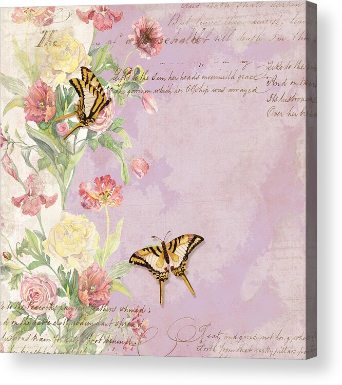 Butterfly Acrylic Print featuring the painting Fleurs de Pivoine - Watercolor w Butterflies in a French Vintage Wallpaper Style #2 by Audrey Jeanne Roberts