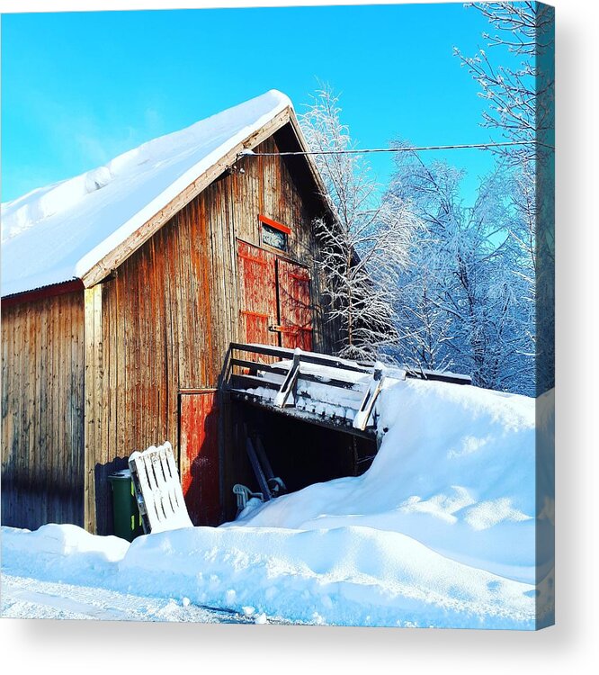 Winter Landscape Countryside Norway Barn Farm Snow Scandinavia Europe Outdoors Nature Landscape Trees View Outdoors Acrylic Print featuring the digital art Norwegian Winter landscape #4 by Jeanette Rode Dybdahl