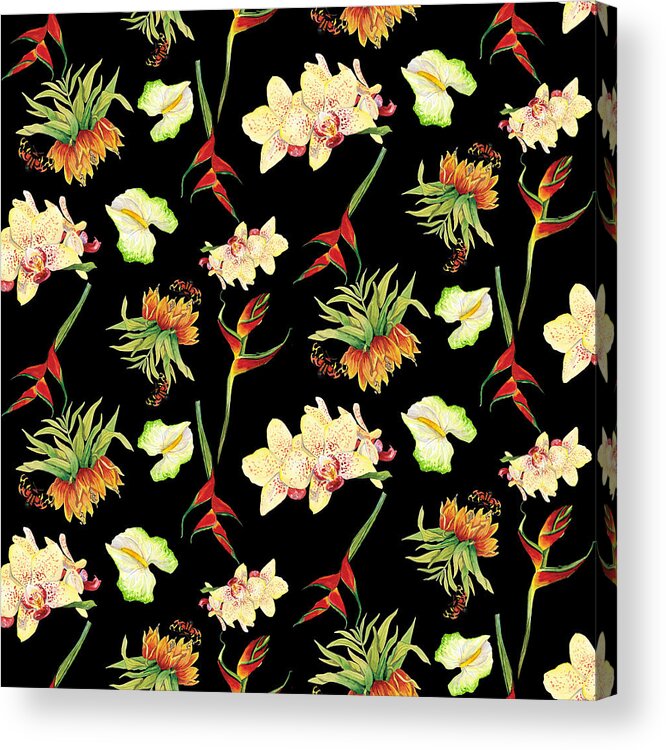 Orchid Acrylic Print featuring the painting Tropical Island Floral Half Drop Pattern by Audrey Jeanne Roberts