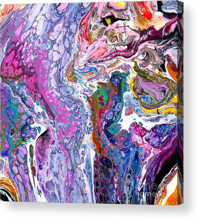  Vibrant Colorful Funky Original Contemporary Blue And Purple Dominate Joined By Every Other Color And Black And White Accents Acrylic Print featuring the painting #217 Strange Pour Fav #217 by Priscilla Batzell Expressionist Art Studio Gallery