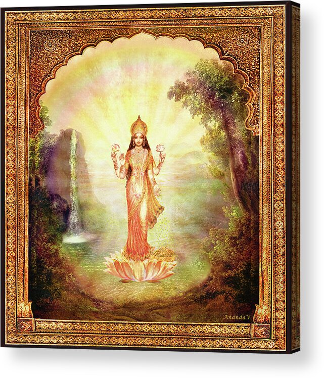 Goddess Painting Acrylic Print featuring the mixed media Lakshmi with the Waterfall #1 by Ananda Vdovic