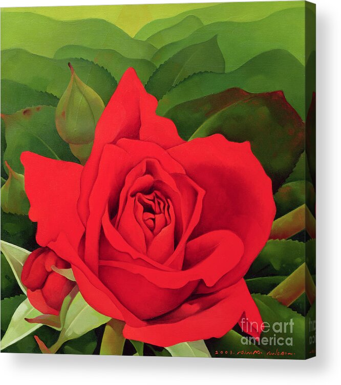 Red; Flower; Petals; Rose; Petal; Leaf; Leafs; Leafy Acrylic Print featuring the painting The Rose by Myung-Bo Sim