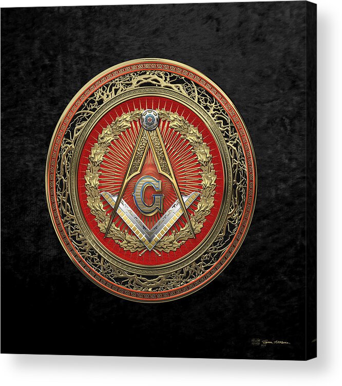 Ancient Brotherhoods Collection By Serge Averbukh Acrylic Print featuring the digital art 3rd Degree Mason Gold Jewel - Master Mason Square and Compasses over Black Velvet by Serge Averbukh