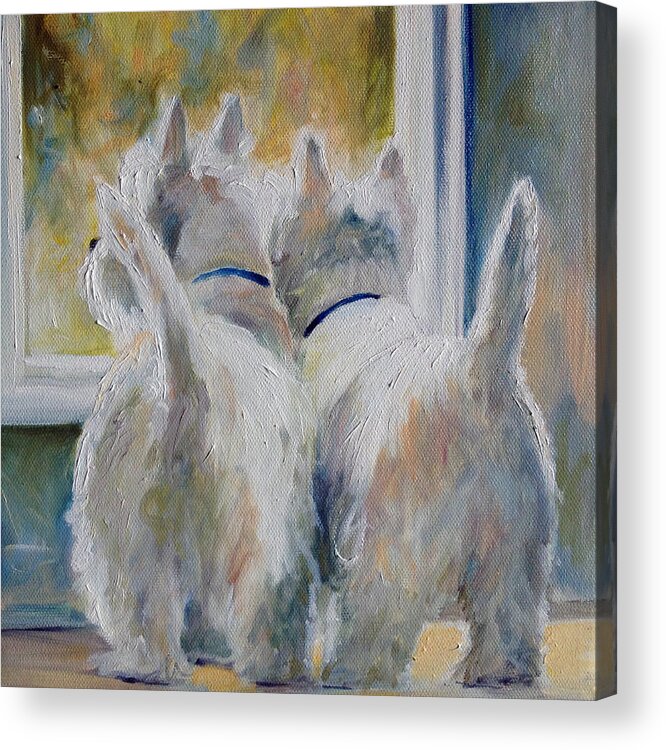 Westies Acrylic Print featuring the painting 5 O'clock by Mary Sparrow