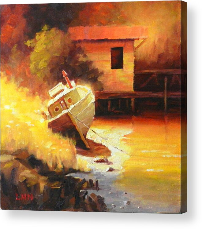 Landscape Acrylic Print featuring the painting A Boat in a Sunny Day by Ningning Li